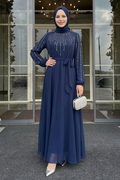 InStyle Navy Blue Evening Dress with Stones on the Collar and Sleeves