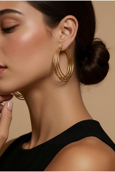Eva Takı Store Layered Hoop Interlock Hoop Gold Color Earrings 6cm