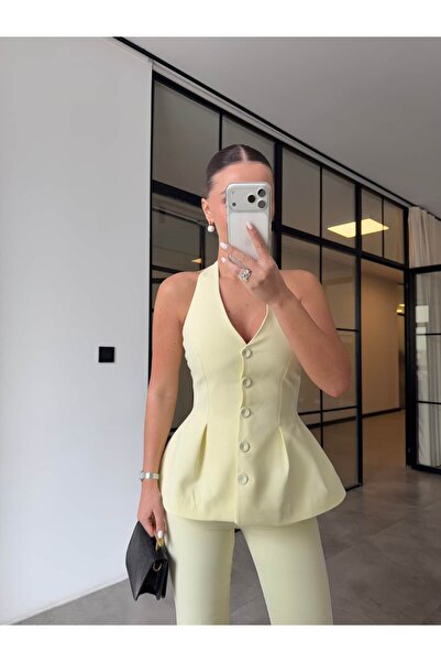 BB Bensu Buyruk Halter Neck Li Vest Pants Suit Yellow