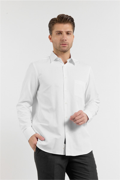 İmza White Textured Hard Collar Long Sleeve Pocketed Comfort Fit Cotton Shirt...