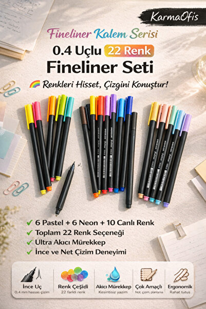 KarmaOfis 22 Renk Fineliner Kalem Seti 0.4 mm Neon,Pastel,Canlı Pensan İnce U...