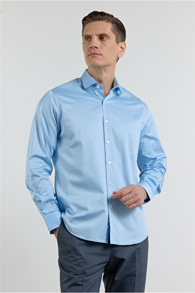 İmza Blue Half Italian Collar Satin Long Sleeve Premium S Slim Fit 100% P Cot...