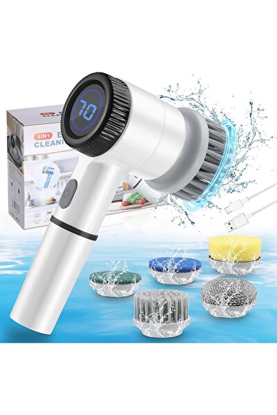 Coverzone Şarjlı Temizlik Fırçası 5 Başlıklı Döner Scrubber Mutfak Banyo Faya...