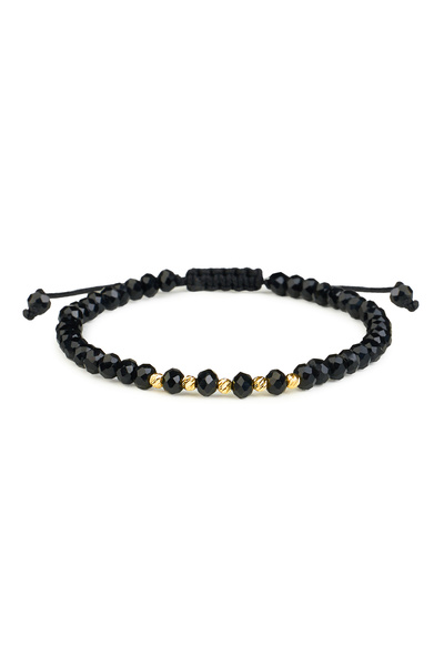 One Gold Bracelet with 5 beads 14K Gold "585" and Black Crystals, adjustable