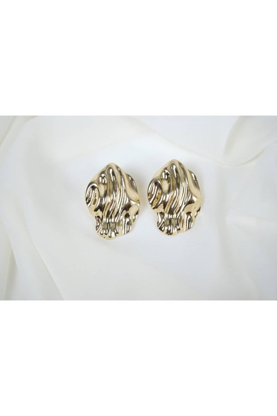 ATELİER TUĞBA Bkp125 Gold Color Organic Shape Embossed Earrings (Length 40 mm)