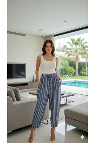 newmisal Women's Linen Fabric Striped Carrot Shalwar Pants