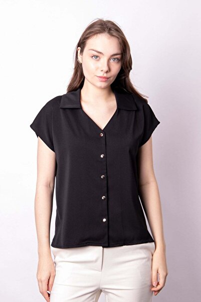 Jument Cămașă cu mânecă scurtă, cu decolteu în V și guler, din țesătură crep ...