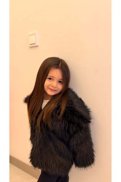 chibuumbabykids Kız Çocuk Siyah Peluş Kürk Mont