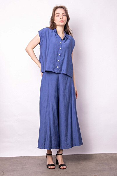 Jument قميص نسائي فضفاض بياقة وأزرار بأكتاف منسدلة - نيلي