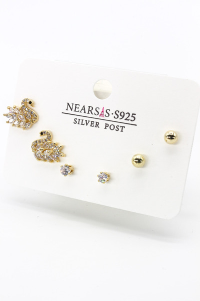 Nearsis Zircon Stone Set of Six White Stone Swan Earrings