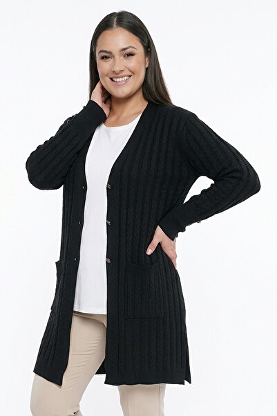 By Saygı Women's Hair Braided Mercerized Stretch Fabric Plus Size Cardigan