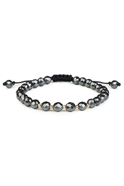 One Gold Bracelet with 5 beads 14K Gold "585" and Hematite, adjustable