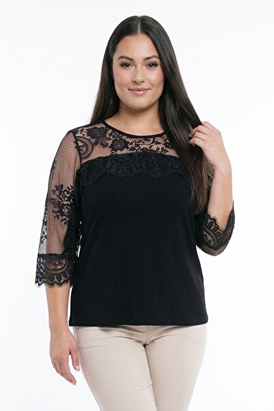 By Saygı Γυναικεία μπλούζα με μανίκια και ζώνη, Δαντέλα τεμαχίων, από λικρά "