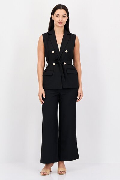 London Fog Women 2 Pieces Plain Sleeveless Vest And Wide Leg Pants Set, Black