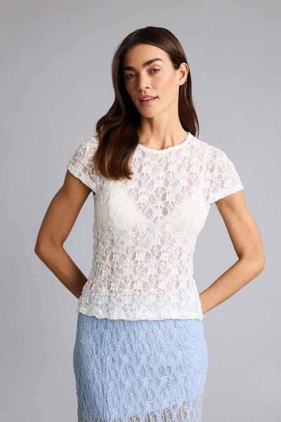 DeFacto Μπλουζάκι Slim Fit Crew Neck Δαντέλα με κοντά μανίκια H5769AX26SP