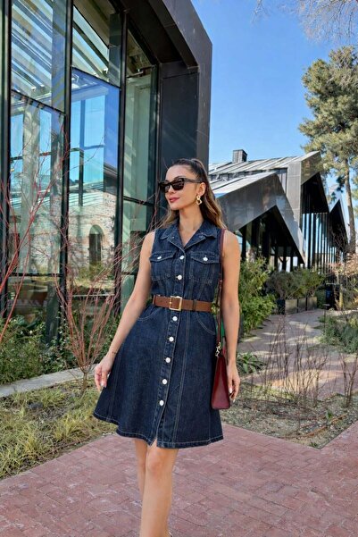 Mine Tan Butik Belt Detail Denim kilos cut women's dress - navy blue