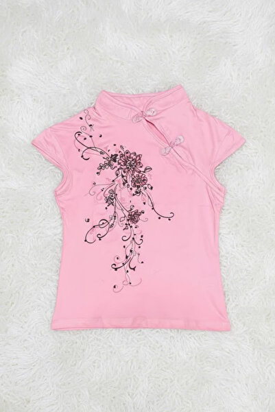Gofeel Pembe Mandarin Yaka Çiçekli Qipao Vintage Y2K Kısa Kollu Crop