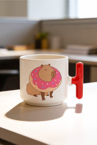 BB TRADE Capybara Donut Design Red T-Handle Ceramic Printed Mug 250 ml