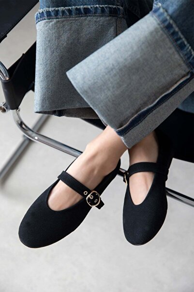 STRASWANS Bella Women's Belt Detail Suede Ballet Flats Black