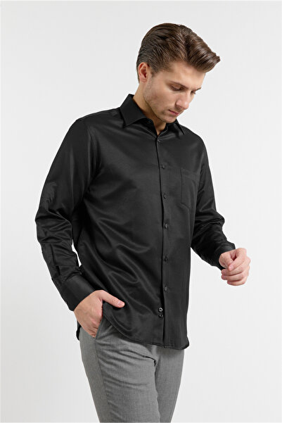 İmza Black Self Patterned Hard Collar Long Sleeve Pocketed Comfort Fit Cotton...