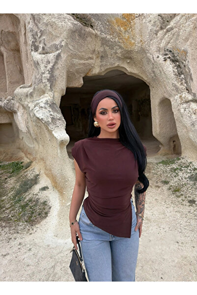 kırmızı butiks Καφέ Πλισέ Μπλούζα με Επένδυση