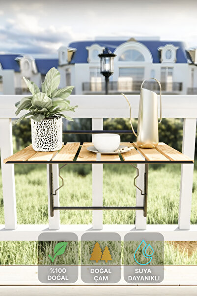 Bino Katlanır Balkon Masası Askılı Yükseklik Ayarlı Vernikli Ahşap Pratik Kul...