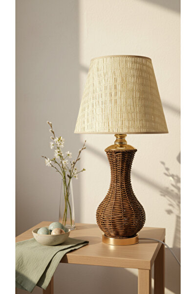 Decodelight Gold Ayak Kahverengi Hasır Rattan Örmeli Gövde Hazeran ve Kumaş Ş...