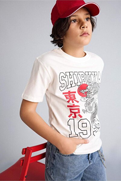 DeFacto Обикновена тениска с велосипедна яка и принт, с къси ръкави, за момче...