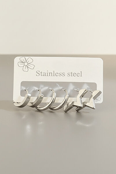 TAKIŞTIR Gümüş Renk 6'lı Karışık Şekilli Çelik Küpe Set