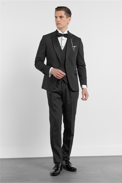 İmza Siyah Kılıç Yaka Düz Desen 6 Drop Slim Fit Esnek Yelekli Takım Elbise 10...
