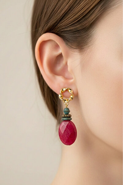 PETEK AKSESUAR Natural Stone Design Coral Earring Red