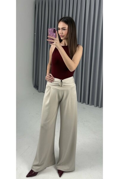 sahraozluk Gold Buckled Wide-Leg Trousers Beige Color