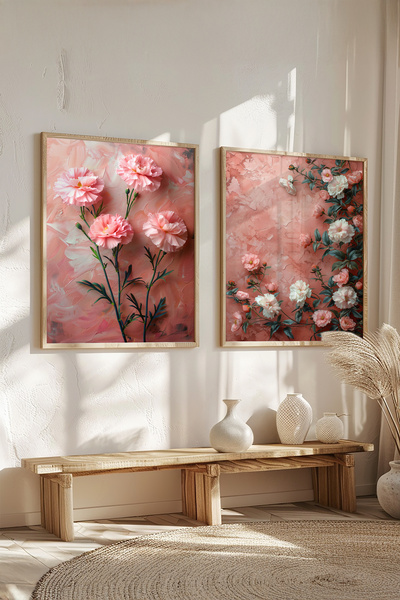 STARYUNA Wooden Framed Pink Flower Themed Double Painting Set Yuna648