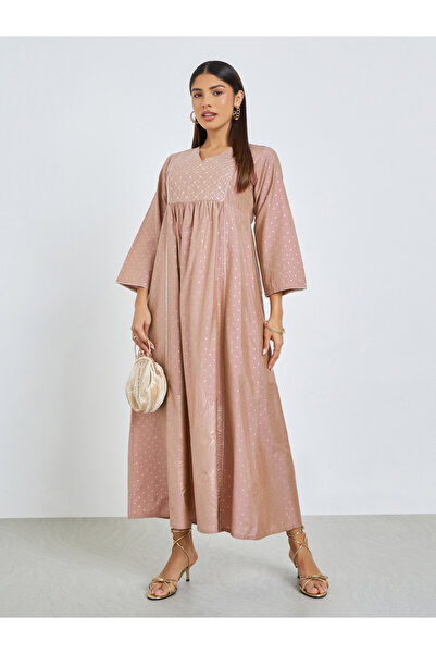 Amirah By Styli Pink Dot Print Sequined Yoke Jalabiya