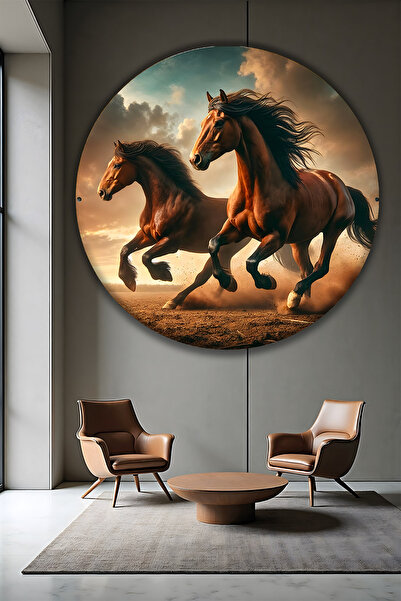 B&G DESIGN Pictură decorativă rotundă tematică Cai nobili în galop, tablou de...