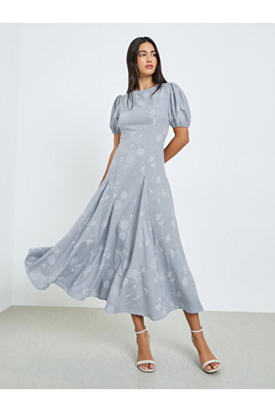 Styli Grey Floral Puff Sleeves Maxi Dress