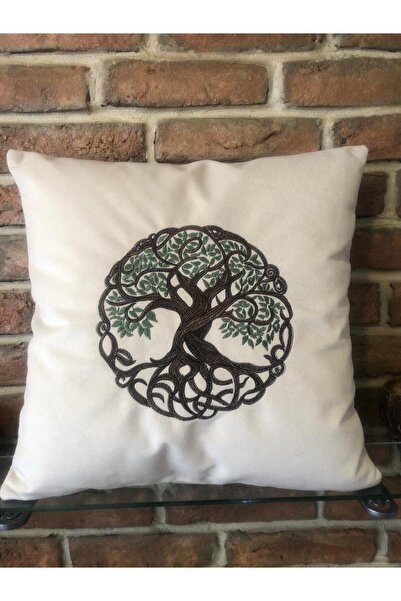 harmony factory Embroidered Velvet Beige Cushion Cover Tree of Life Embroider...