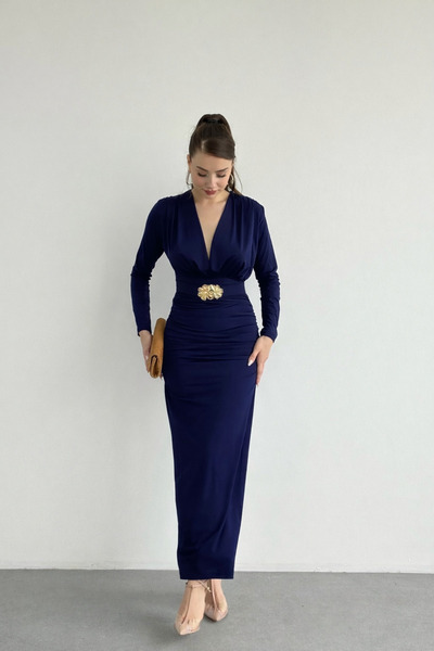 Mandlyz Lacivert Kemerli Vatka Detay Elbise