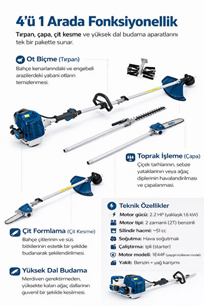 Badem10 Benzinli Çoklu Kullanım Tırpan 1.6 kW Çapa 2.2 Hp Çıt Kesme Dal Budam...