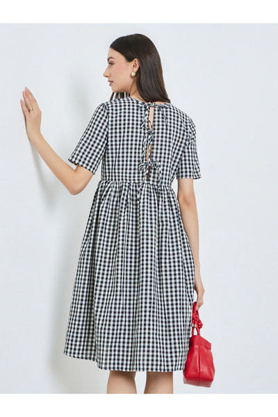 Take Two By Styli Black Gingham Check Midi Dress with Tie Back