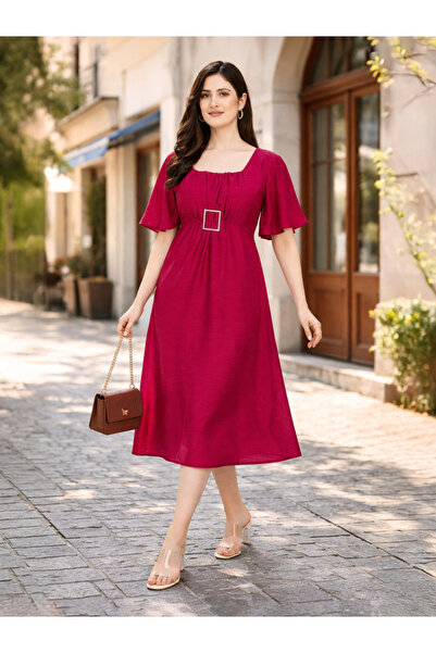 HOUSE OF RAELI By Styli Dark Pink Square Neck Midi Dress with Buckle Detail