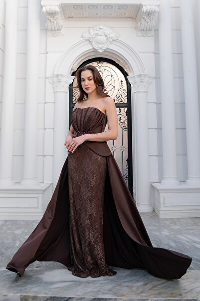 Lafaba Women's Brown Strapless Neckline Lace Detail Long Evening Dress