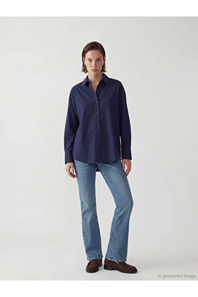 LC Waikiki Navy Blue Striped Oversize Women's Shirt