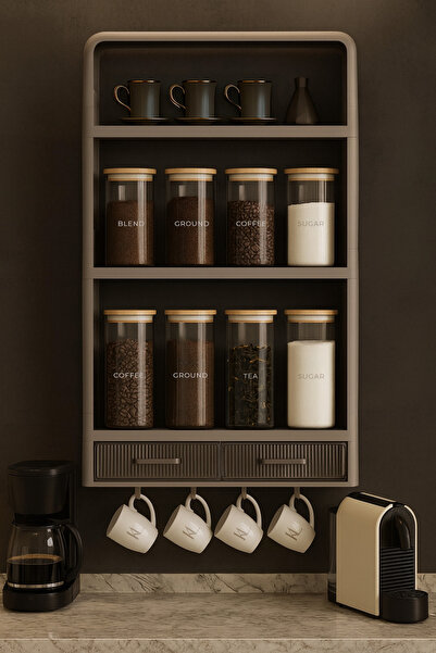 St Morritz Modüler 3 Katlı Kahve Köşesi Rafı Kupa Askılıklı ve Çekmeceli Orga...