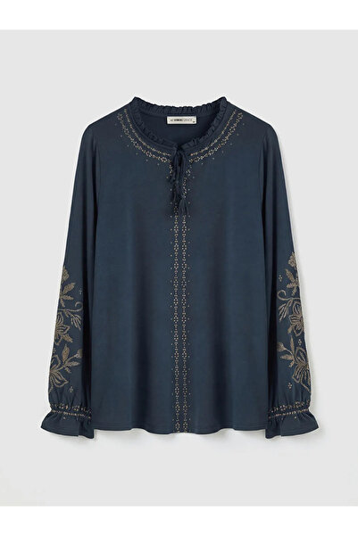 LC Waikiki Navy Blue Tie Neck Ruffled Patterned Blouse