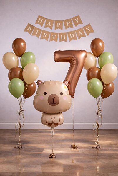 Patladı Gitti Capybara Themed 7Th Birthday Balloon Decoration Set – Caramel N...