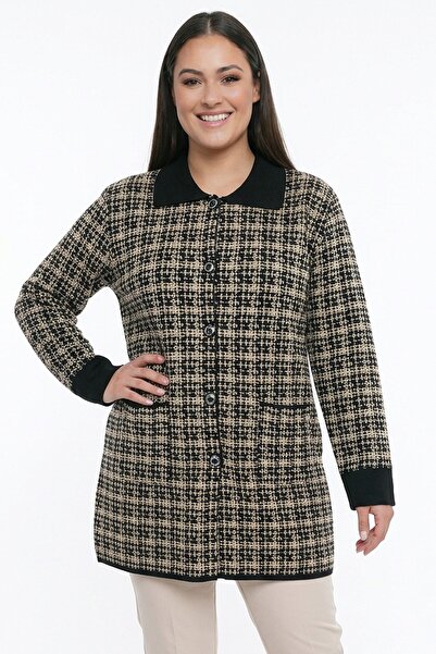 By Saygı Women's Front Button Double Pocketed Patterned Glittery Plus Size Ca...