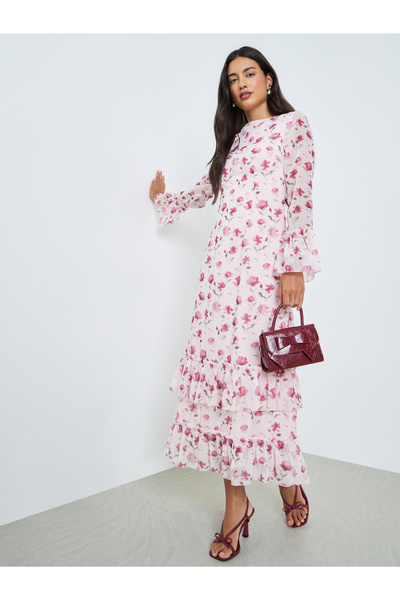 Styli Pink Floral Print Ruffled Maxi Dress