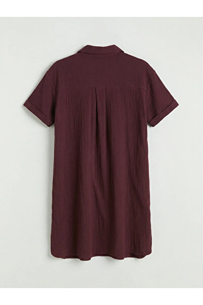 LC Waikiki Plum Shirt Collar Textured Oversize Muslin Dress