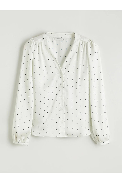 LC Waikiki White V-Neck Polka Dot Satin Blouse